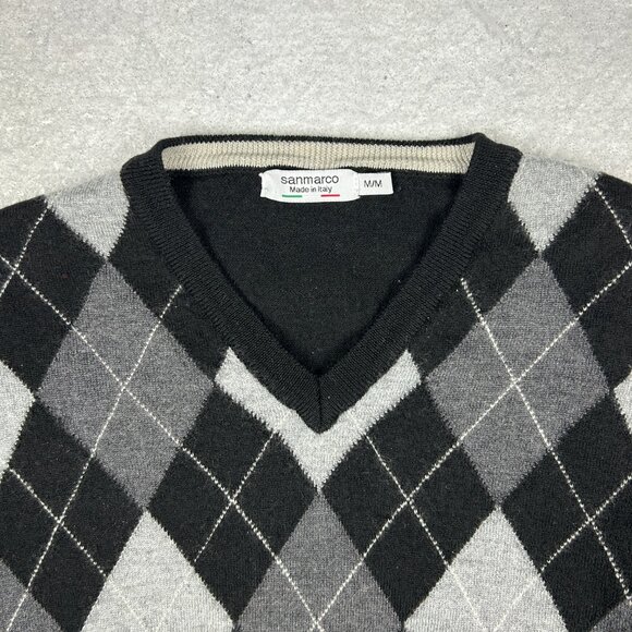 San Marco Sweater Mens M 100% Merino Wool Italy Black Grey Argyle V Neck Jumper - Picture 7 of 12